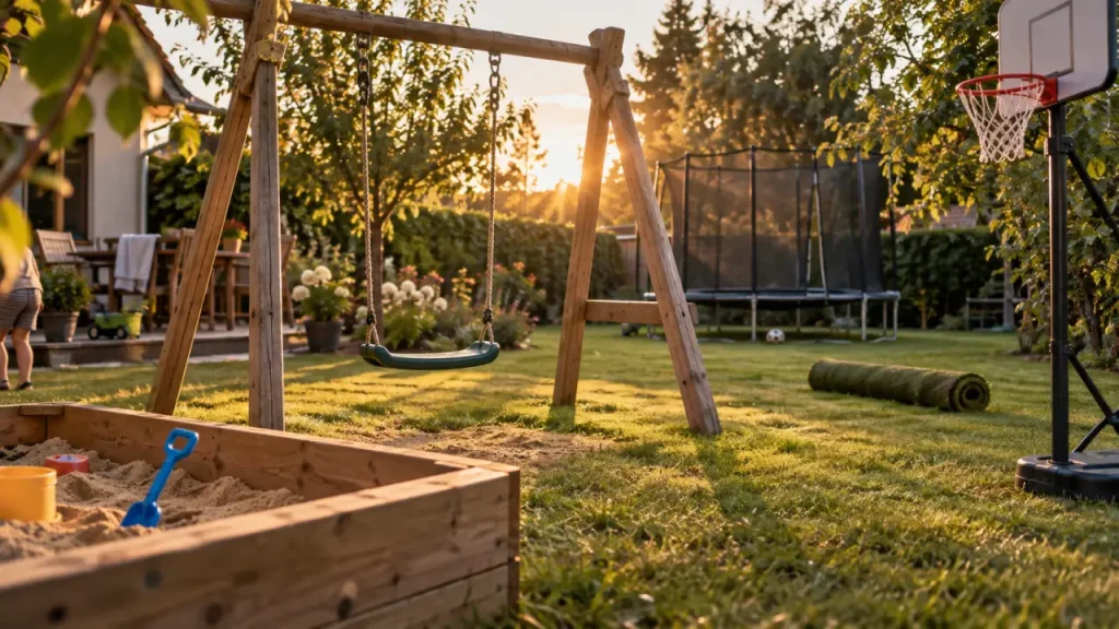 Jeux pour extérieur : portique et balançoire dans un jardin familial