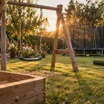 Jeux pour extérieur : portique et balançoire dans un jardin familial