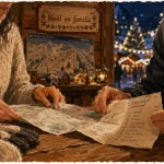 Vacances en famille pour noel : carte près de gants, ambiance marché de Noël