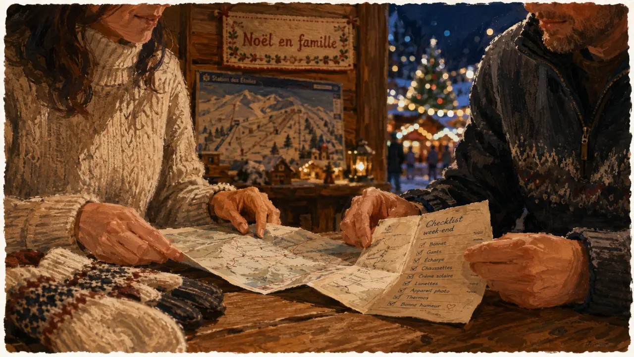 Vacances en famille pour noel : carte près de gants, ambiance marché de Noël