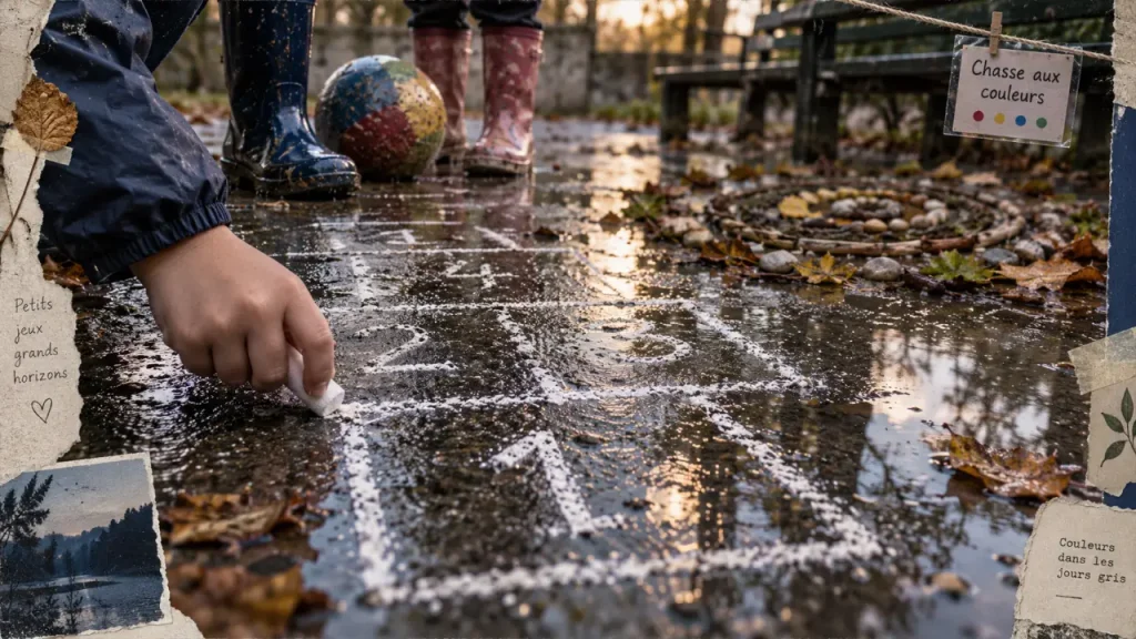 Activités extérieures enfants : marelle sous la pluie sur béton mouillé
