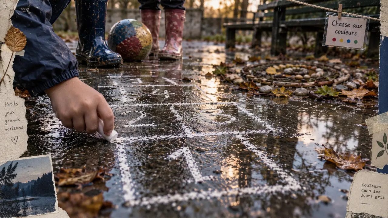 Activités extérieures enfants : marelle sous la pluie sur béton mouillé