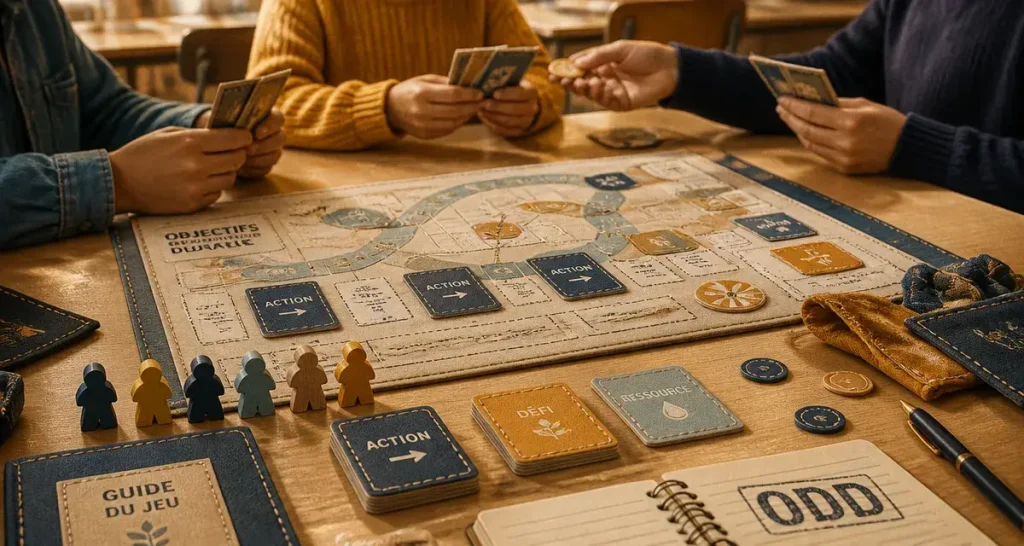 Développement durable jeux : classe avec carte Action et dé pour apprendre sans culpabiliser