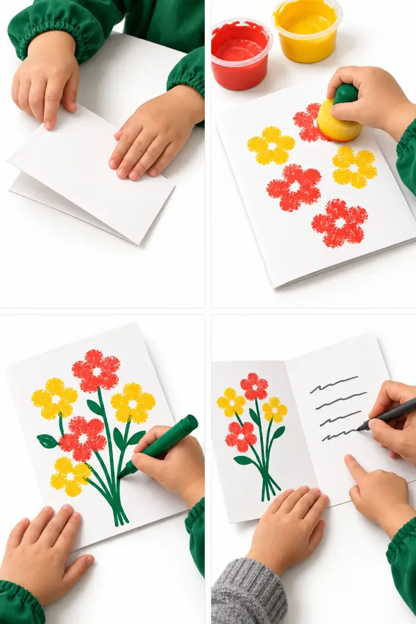 Étapes d’un bricolage de fête des mères en maternelle avec une carte bouquet