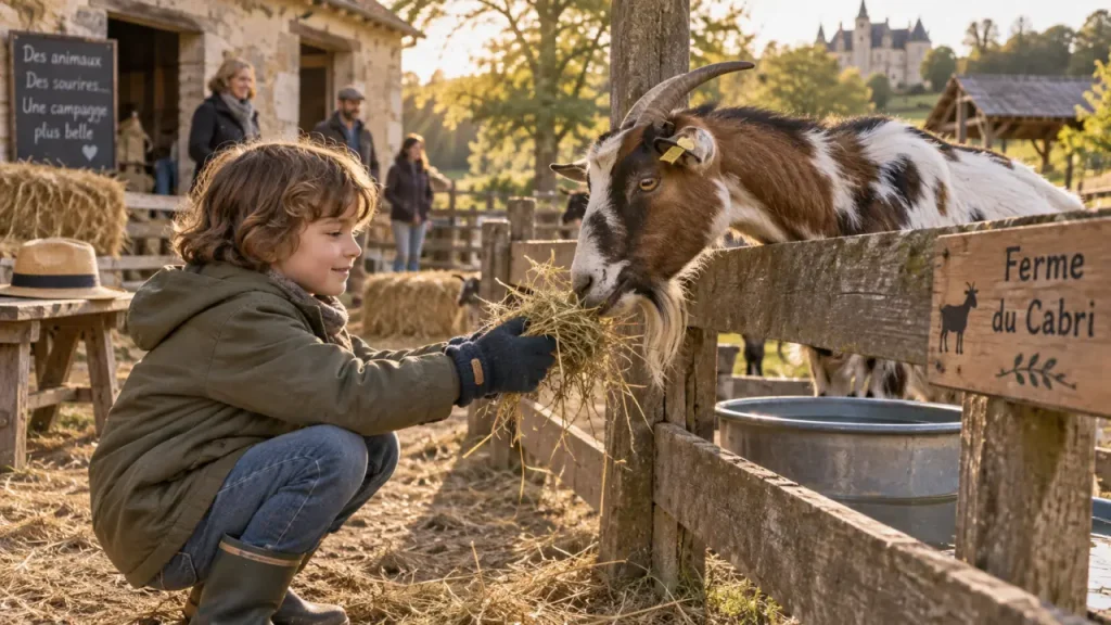 Ferme a visiter tours : enfant nourrit une chèvre à la ferme pédagogique