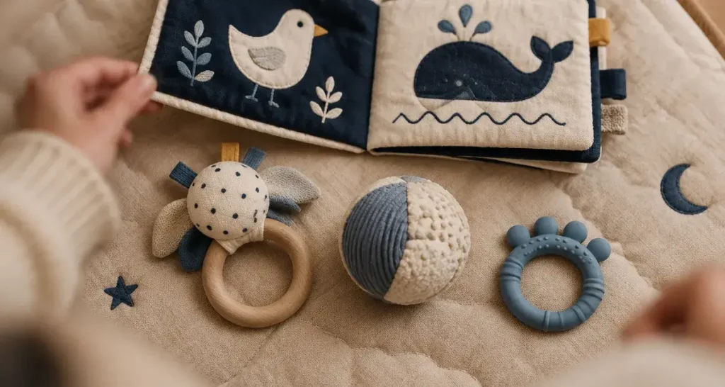 Jeu d'éveil 6 mois : textures et sons doux sur tapis