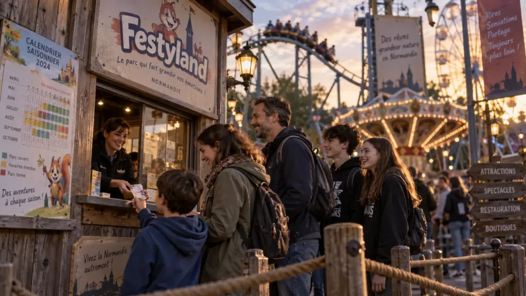 Normandie parc attraction Festyland : famille devant l’entrée du parc