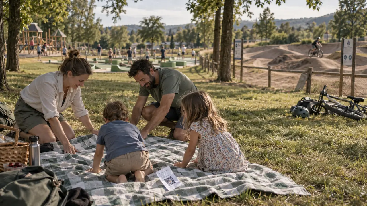 Parc Chedeville : famille installe un pique-nique près de l’entrée du pumptrack, entrée gratuite